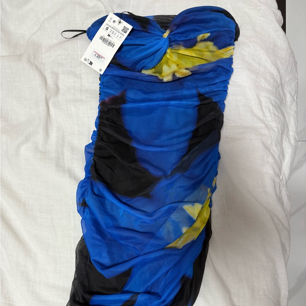 Zara Blue and Black Mesh Ruched Maxi Dress